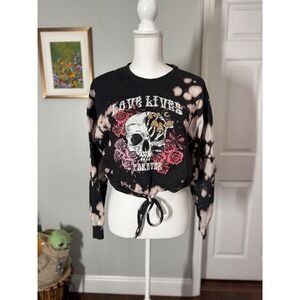 No Boundaries Bleach Dye Skull Rose Graphic Cropped Sweatshirt M Grunge Alt